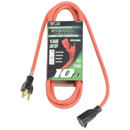 U.S. Wire & Cable SJTW Extension Cord, 16 AWG, Indoor/Outdoor, 16/3, 1 Outlets, 5-15R, Orange, Vinyl, 5-15P, 10 ft 60010*****##*